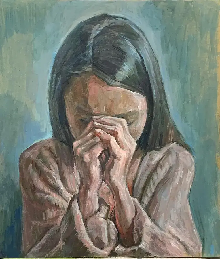 アクリル絵の具で描く、祈る女性の絵