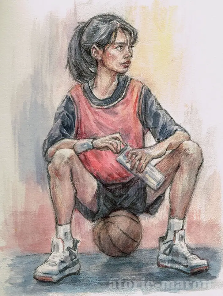 人物水彩画、バスケットボールに座るスポーツ女子