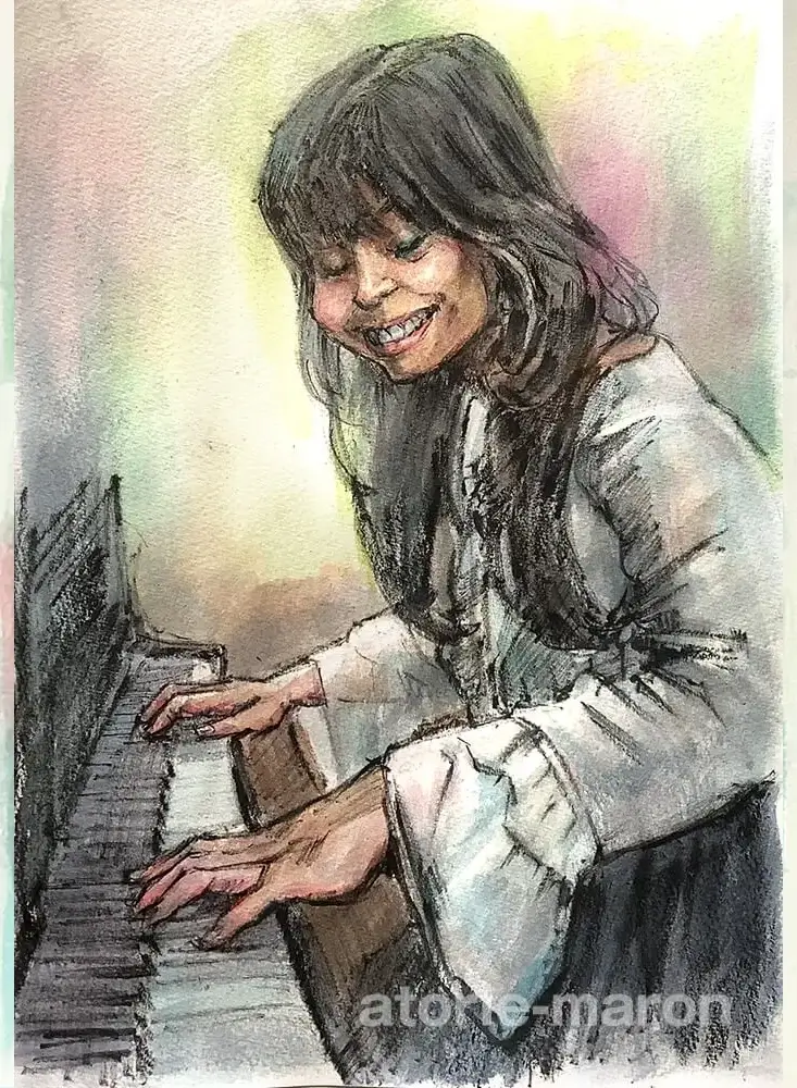 人物水彩画、ピアノを弾く女性